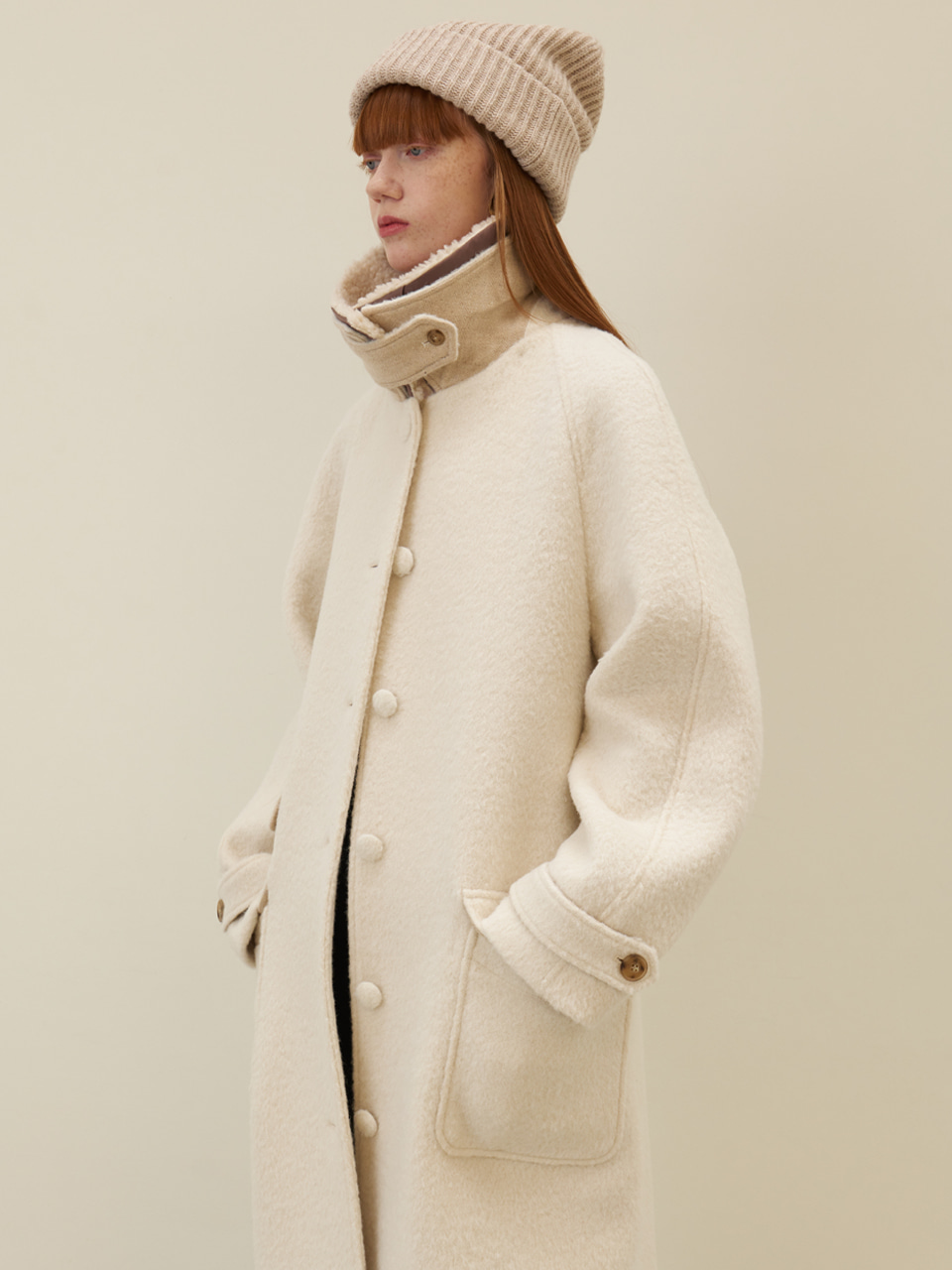 23 Fall_ Cream Belted Wool Coat [Ecru Shearling Collar데일리 여성의류